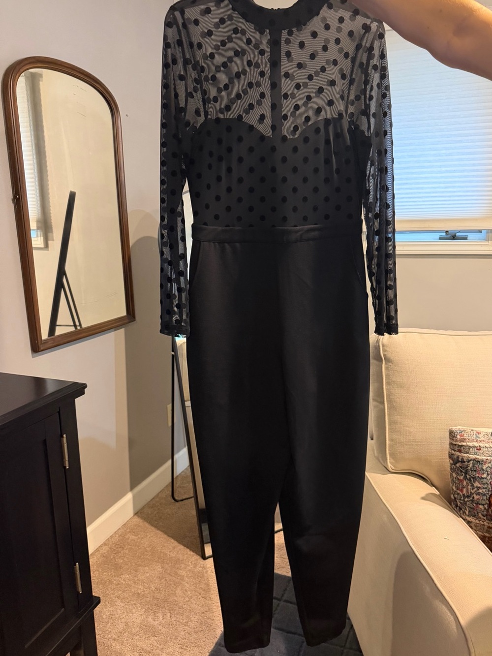 French Connection Black Polka-Dot Mesh Bodice Jumpsuit